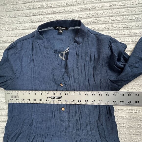 Zac & Rachel Womens Blue Crinkle Roll-Tab Sleeve Button-Front Henley Top Small - Picture 7 of 8